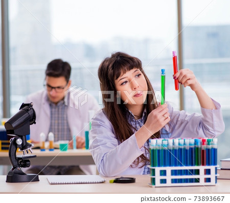 Two chemists working in lab experimenting Two chemists working in lab experimenting 73893667