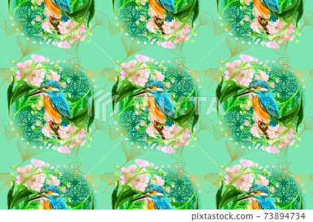 可愛的翠鳥和粉紅色的花股票和花邊和珍珠圖案圖 73894734