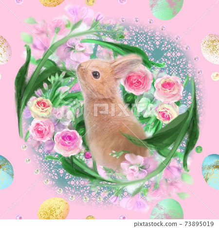 Girly pattern illustration of pink flowers and roses flower arrangement and baby rabbit and Easter eggs Girly pattern illustration of pink flowers and roses flower arrangement and baby rabbit and Easter eggs 73895019