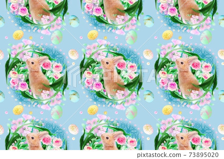 粉色的花和玫瑰插花和小兔子和復活節彩蛋的少女圖案插圖 粉色的花和玫瑰插花和小兔子和復活節彩蛋的少女圖案插圖 73895020