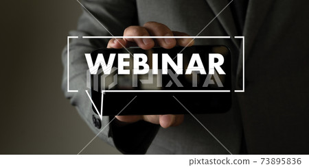 WEBINAR hand on table use E-business Browsing Connection in computer, coffee break in classroom to use cloud communication. 73895836