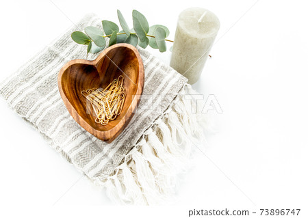 eucalyptus green, candle, leaves isolated on white background. flat lay, overhead view eucalyptus green, candle, leaves isolated on white background. flat lay, overhead view 73896747