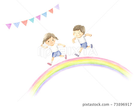 Children running in the rainbow athletic meet image watercolor illustration 73896917