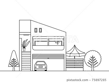 Black and white illustration of a house with a sloping roof 73897285