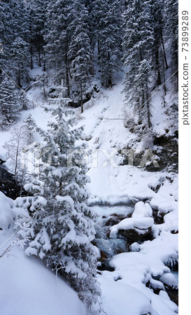 A clear mountain river runs through a snowy gorge A clear mountain river runs through a snowy gorge 73899289