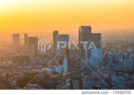 Tokyo cityscape of Japan Toward a future city where skyscrapers in Shibuya bathe in the setting sun stand 73899700