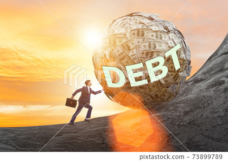 Businessman pushing dollar uphill in debt loan concept Businessman pushing dollar uphill in debt loan concept 73899789
