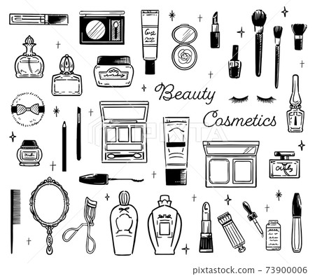 Fashionable cute cosmetics makeup tools hand-drawn illustrations Fashionable cute cosmetics makeup tools hand-drawn illustrations 73900006