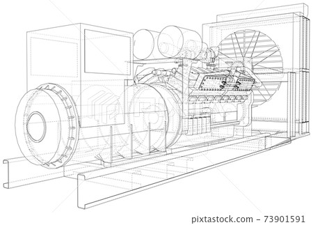Gas engine is an internal combustion engine which runs on a gas fuel. Wire-frame line isolated on white. Vector rendering of 3d 73901591