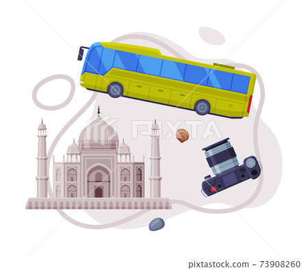 Travel and Tourism Attribute with Taj Mahal as City Landmark and Camera Vector Composition 73908260