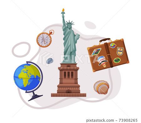 Travel and Tourism Attribute with Statue of Liberty as City Landmark and Globe Vector Composition Travel and Tourism Attribute with Statue of Liberty as City Landmark and Globe Vector Composition 73908265