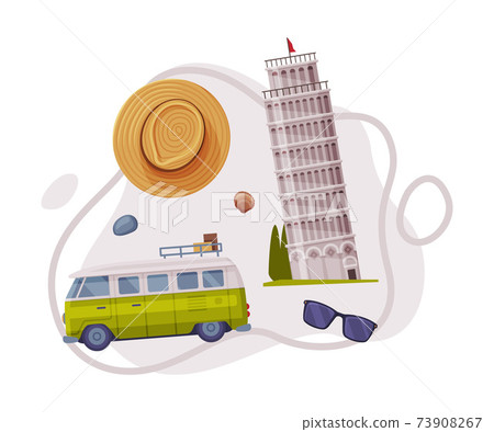 Travel and Tourism Attribute with Pisa Leaning Tower as City Landmark and Hat Vector Composition Travel and Tourism Attribute with Pisa Leaning Tower as City Landmark and Hat Vector Composition 73908267