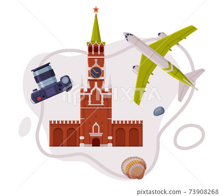Travel and Tourism Attribute with Kremlin Tower as City Landmark and Airplane Vector Composition Travel and Tourism Attribute with Kremlin Tower as City Landmark and Airplane Vector Composition 73908268