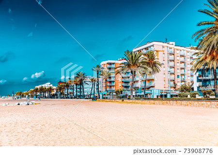 Seafront, beach,coast in Spain. Suburb of Barcelona, Catalonia 73908776