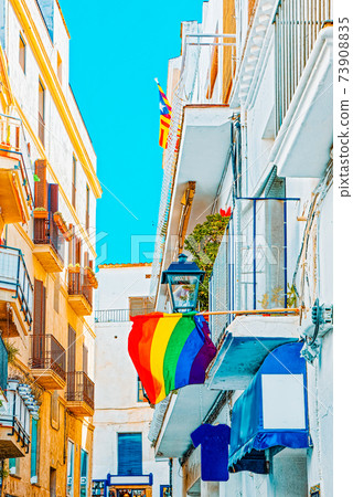City views and gay flags on buildinds in a small town in the out 73908835