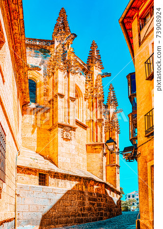 Narrow medieval streets of the city of Segovia, near Madrid. Narrow medieval streets of the city of Segovia, near Madrid. 73908924