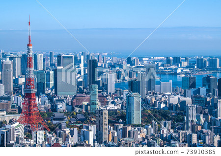 日本，大城市，東京的東京都市風景。東京鐵塔等的景色 73910385