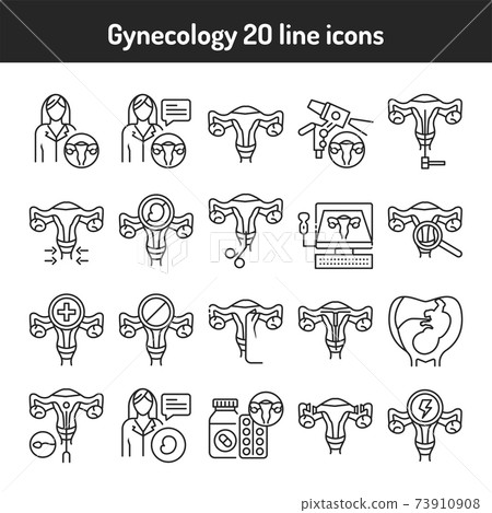 Gynecology black line icons set. Female reproductive system medical checkup. Pictograms for web page, mobile app. 73910908