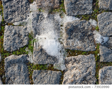 Slippery place of sidewalk with the rest of the trampled snow. Slippery place of sidewalk with the rest of the trampled snow. 73910990