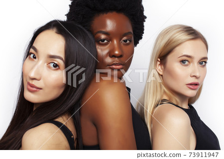 diverse multi nation girls group, teenage friends company cheerful having fun, happy smiling, cute posing isolated on white background, lifestyle people concept, african-american, asian and caucasian 73911947