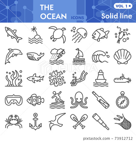 Ocean line icon set, nautical symbols collection or sketches. Marine life signs for web, linear style pictogram package isolated on white background. Vector graphics. Ocean line icon set, nautical symbols collection or sketches. Marine life signs for web, linear style pictogram package isolated on white background. Vector graphics. 73912712