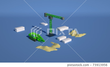 Excavator and crane working on a construction site, colored architectural design elements. 3d illustration, layout of the construction site. Excavator and crane working on a construction site, colored architectural design elements. 3d illustration, layout of the construction site. 73913956