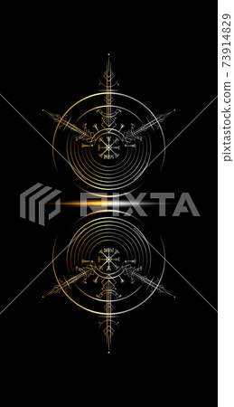 Gold Vegvisir magic navigation compass ancient. The Vikings used many symbols in accordance to Norse mythology, widely used in Viking society. Round Logo icon Wiccan esoteric sign isolated on black Gold Vegvisir magic navigation compass ancient. The Vikings used many symbols in accordance to Norse mythology, widely used in Viking society. Round Logo icon Wiccan esoteric sign isolated on black 73914829