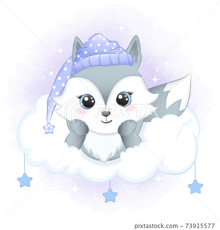 Cute Little Fox Sleeping on the cloud hand drawn cartoon animal watercolor illustration Cute Little Fox Sleeping on the cloud hand drawn cartoon animal watercolor illustration 73915577