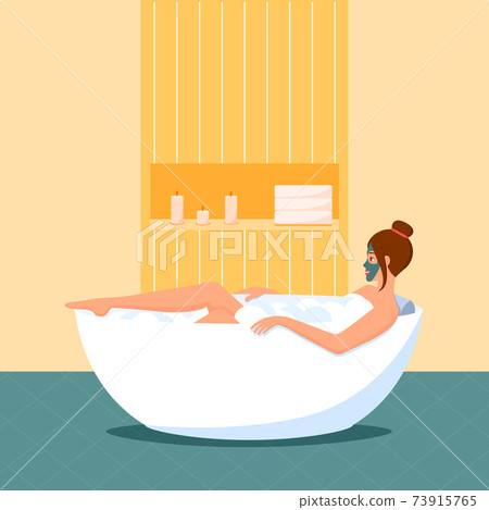 A woman takes a bath with a mask on her face. Home spa salon. A relaxing bath with candles and foam and bubbles. Self-care. Time for yourself. vector illustration in the flat style. The concept A woman takes a bath with a mask on her face. Home spa salon. A relaxing bath with candles and foam and bubbles. Self-care. Time for yourself. vector illustration in the flat style. The concept 73915765