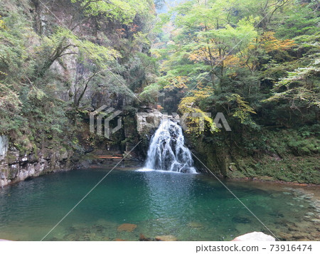 清澈的水流過瀑布和盆地 73916474