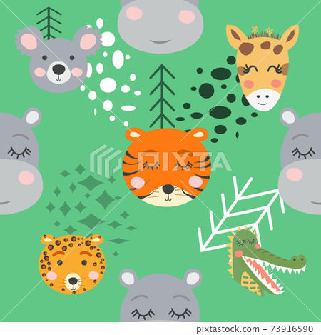 Seamless pattern with rhinoceros, elephant, crocodile. Creative bay animals background. 73916590