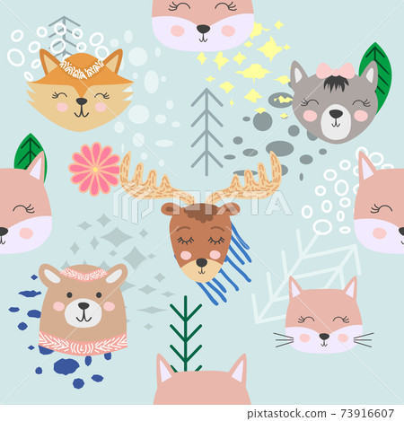 Autumn forest seamless pattern with cute animals Autumn forest seamless pattern with cute animals 73916607