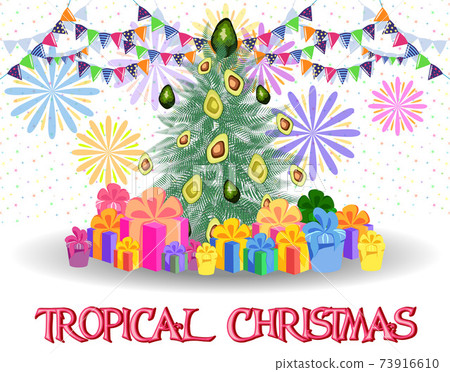 Christmas tree made of tropical monstera leaves, avocado, gifts under the tree and fireworks. New Year celebration concept, banner, postcard Christmas tree made of tropical monstera leaves, avocado, gifts under the tree and fireworks. New Year celebration concept, banner, postcard 73916610