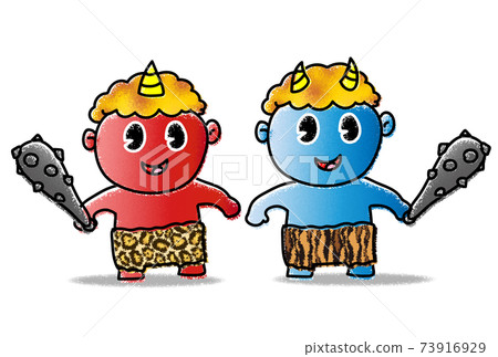 Setsubun Akaoni Aooni Gold Stick Pose - Stock Illustration [73916929 