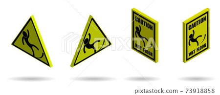 Set of warning signs slippery floor on a yellow background. Isometric, Isolated vector 73918858