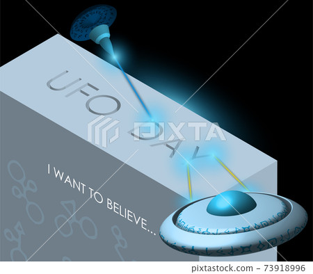 Flying saucers, spaceships burn out with a laser the inscription UFO Day. Illustration, isolated vector Flying saucers, spaceships burn out with a laser the inscription UFO Day. Illustration, isolated vector 73918996