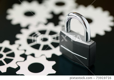Black metal padlock standing on tablet screen closeup 73919716