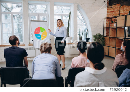 Female speaker giving presentation in hall at workshop. Audience or conference hall. Rear view of unrecognized participants. Female speaker giving presentation in hall at workshop. Audience or conference hall. Rear view of unrecognized participants. 73920042