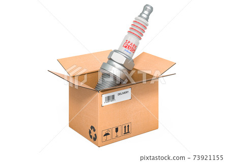 Spark plug inside cardboard box, delivery concept. 3D rendering 73921155
