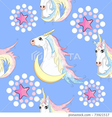 Seamless pattern with trendy cartoon patches. Unicorns, rainbows and hearts. 73921517