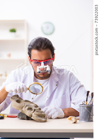 Young male archaeologist studying ancient african stonemask Young male archaeologist studying ancient african stonemask 73922003
