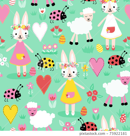 Vector seamless repeating childish pattern with cute bunnies ladybugs sheep eggs heart on a Vector seamless repeating childish pattern with cute bunnies ladybugs sheep eggs heart on a 73922181