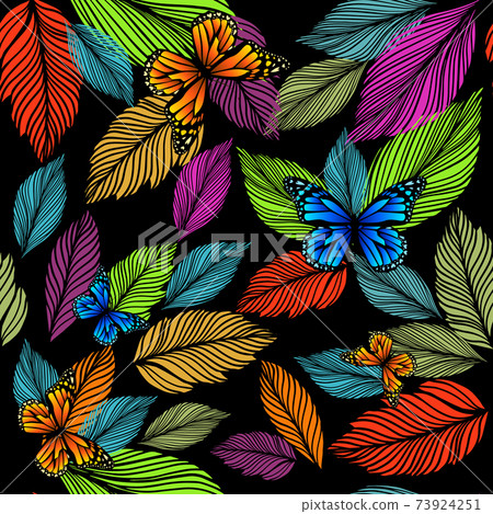 Graphic leaves seamless multicolored pattern with butterflies. vector illustration 73924251