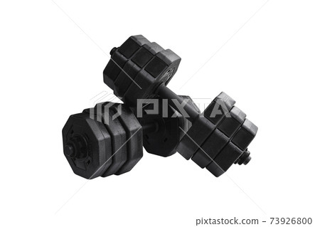 Two black dumbbells isolated on white background. Two black dumbbells isolated on white background. 73926800