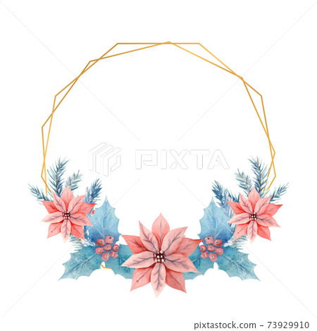 Winter watercolor in a gold polygonal frame with holly, berries and poinsettia flowers. Hand-drawn illustration. For invitations, greeting cards, prints, posters, advertising Winter watercolor in a gold polygonal frame with holly, berries and poinsettia flowers. Hand-drawn illustration. For invitations, greeting cards, prints, posters, advertising 73929910