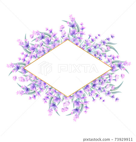Lavender flowers in a diamond-shaped gold frame. Hand-drawn watercolor illustration. For invitations, greeting cards, prints, posters, advertising 73929911