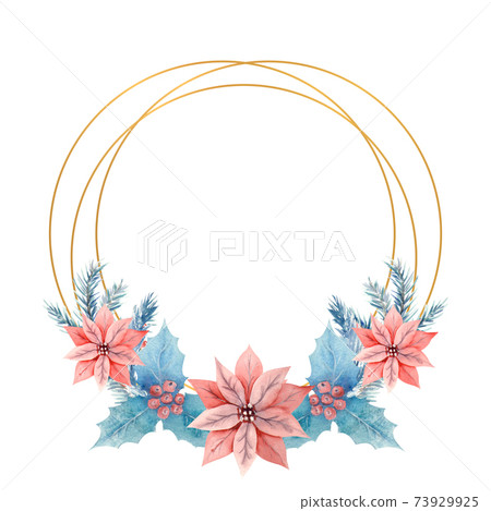 Winter watercolor in a golden round frame with holly, berries and poinsettia flowers. Hand-drawn illustration. For invitations, greeting cards, prints, posters, advertising Winter watercolor in a golden round frame with holly, berries and poinsettia flowers. Hand-drawn illustration. For invitations, greeting cards, prints, posters, advertising 73929925