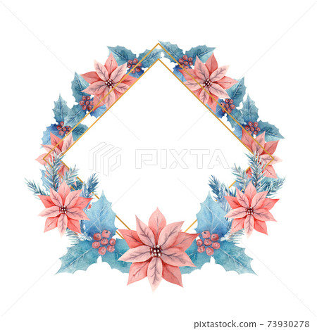 Winter watercolor in a diamond-shaped frame with holly, berries and Poinsettia flowers. Hand-drawn illustration. For invitations, greeting cards, prints, posters, advertising. 73930278