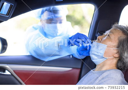 doctor taking nasal swab from senior woman to test for possible covid-19 infection doctor taking nasal swab from senior woman to test for possible covid-19 infection 73932215