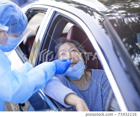doctor taking nasal swab from senior woman to test for possible coronavirus infection doctor taking nasal swab from senior woman to test for possible coronavirus infection 73932216
